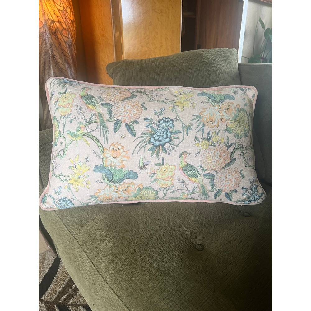 Boho Magaschoni Lumbar Pillow Pastel Cottage Velvet Floral Bird Chinoiserie